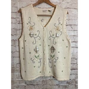 Vintage Erika Sweater Vest Womens XL Ivory‎ Cream Hand Embroidered Beaded Ramie